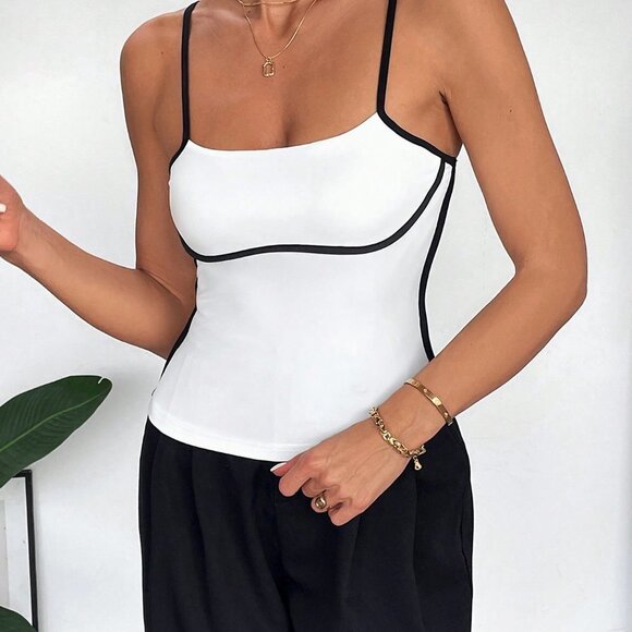 Black and White Preppy Women's Contrast Trim Cami Top - Picture 2 of 5